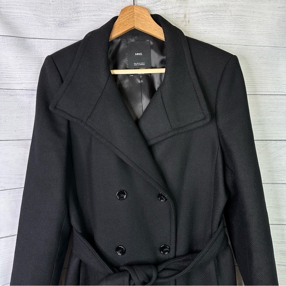 Mango size Medium Woolen Italian Wool Double-Breasted Belted Trench Coat Black - Picture 5 of 13